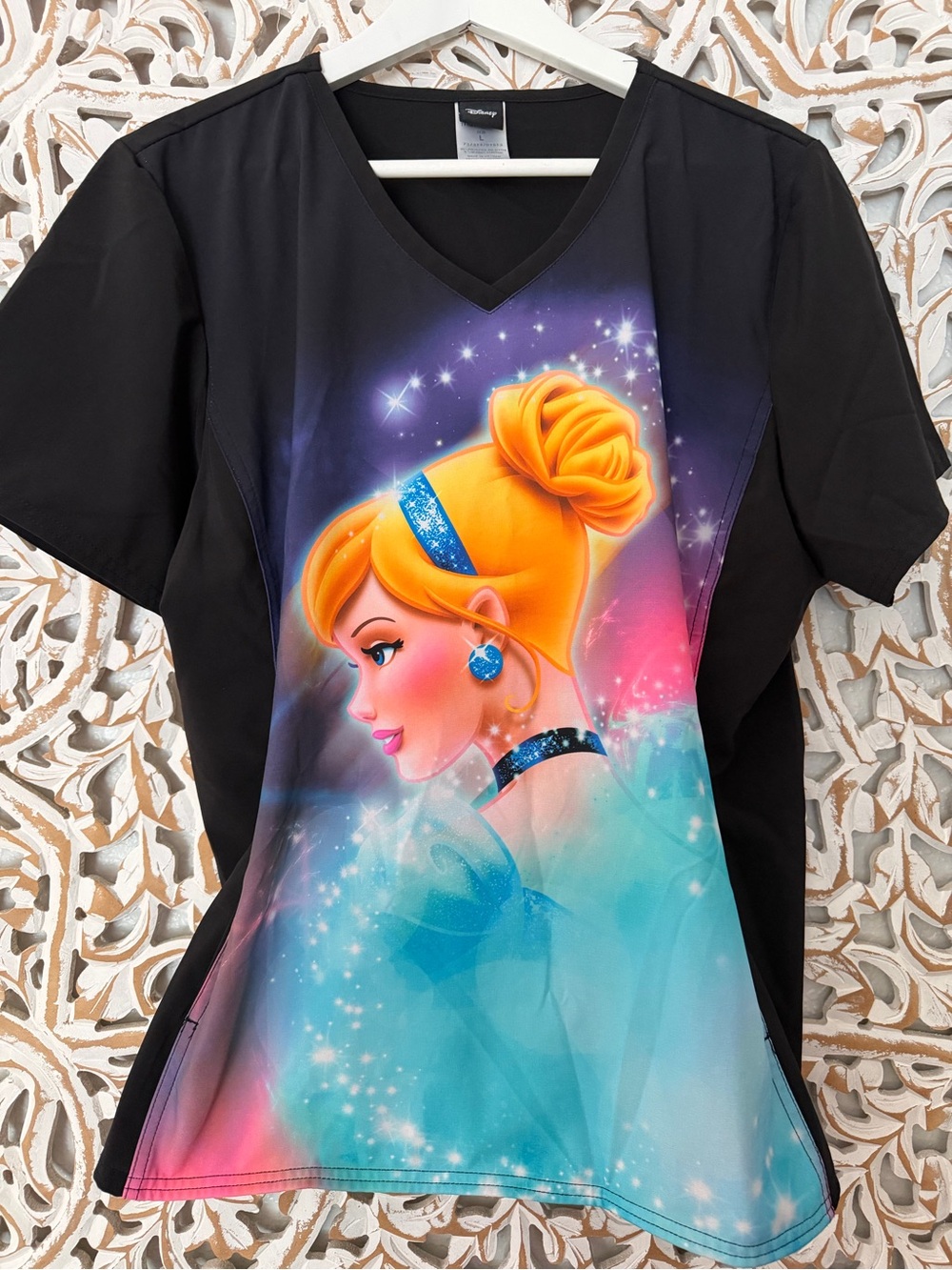 Disney Black Scrub Top with Colorful Cinderella Graphic